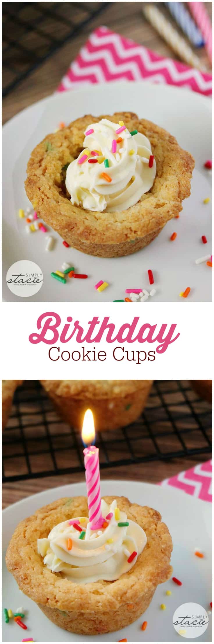 Birthday Cookie Cups - Your new birthday party staple! These bite-size cookie cups are filled with cream cheese frosting and bursting with sprinkles.