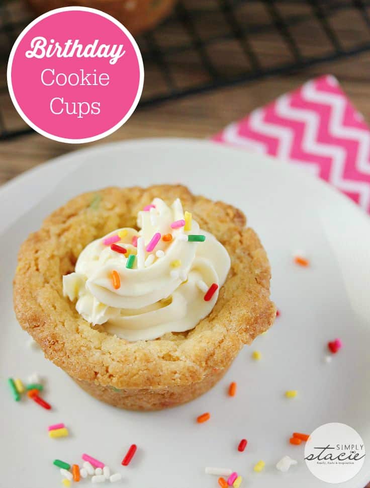 Birthday Cookie Cups - Your new birthday party staple! These bite-size cookie cups are filled with cream cheese frosting and bursting with sprinkles.