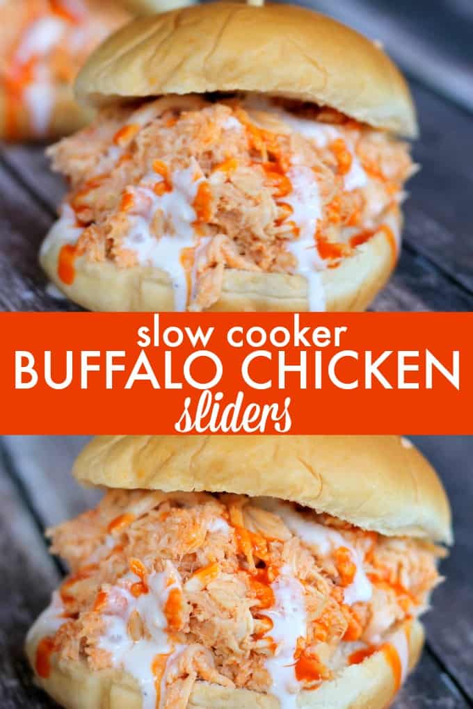 Slow Cooker Buffalo Chicken Sliders - The perfect game day appetizer. Tender, slow cooked chicken is enveloped in wing sauce and Ranch dressing and served on a soft slider bun. They are always a hit at parties!