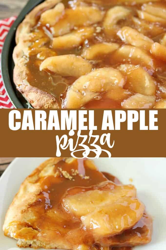 Caramel Apple Pizza - The PERFECT fall dessert pizza! Sweet cinnamon apple pie filling with rich caramel covering a basic pizza crust for the taste of pie without the mess and wait.