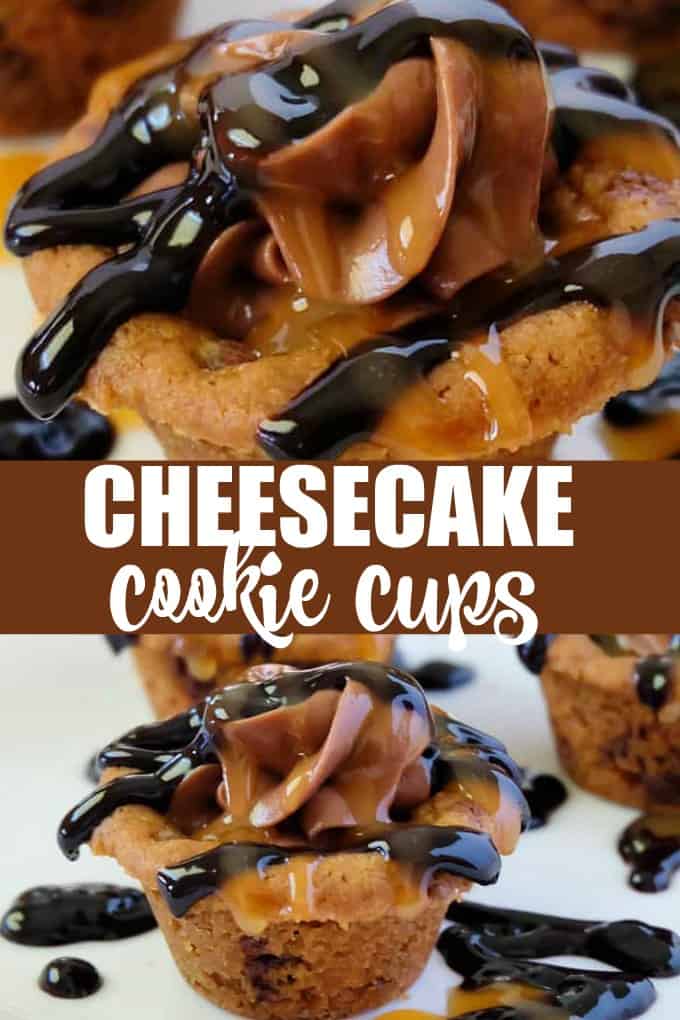 Gooey Cheesecake Cookie Cups - Bite-sized desserts! Take your basic store-bought cookie dough and turn it into amazing cups of gooey cheesecake filling covered in caramel and chocolate sauces for a delicious mess.