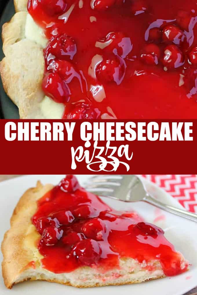 Cherry Cheesecake Pizza - NYC's favorites combined for the best dessert pizza! Smooth cheesecake filling covered with cherries in a thick, sweet syrup is a perfect handheld dessert for your next party.