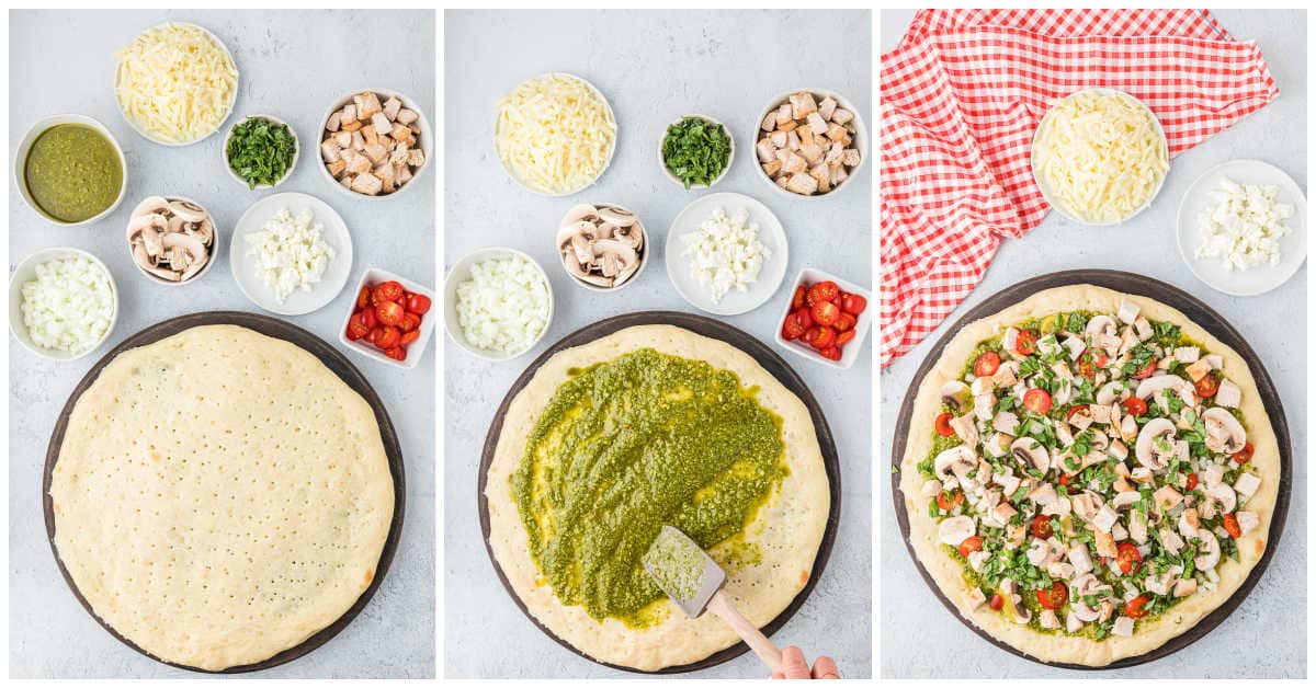 Collage of adding the sauce and toppings to the pizza crust.
