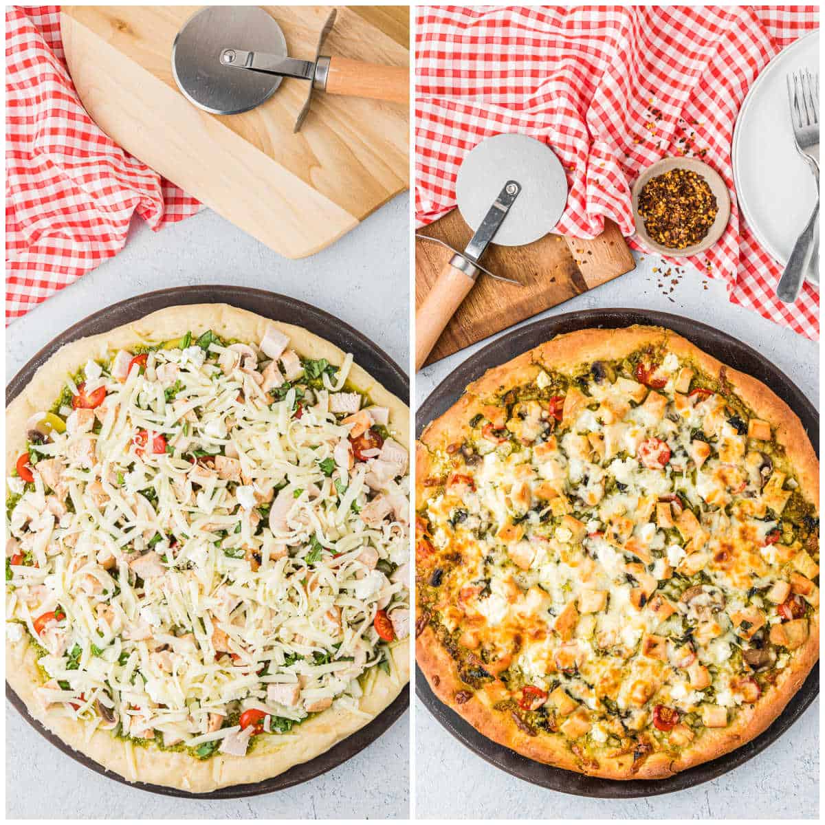 Collage of baking the pizza.