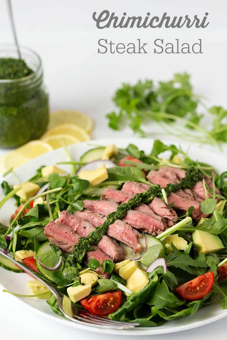 Chimichurri Steak Salad Recipe - A lighter version of your favorite steak dinner! This chumichurri recipe is so easy and goes great as a sauce or a dressing.