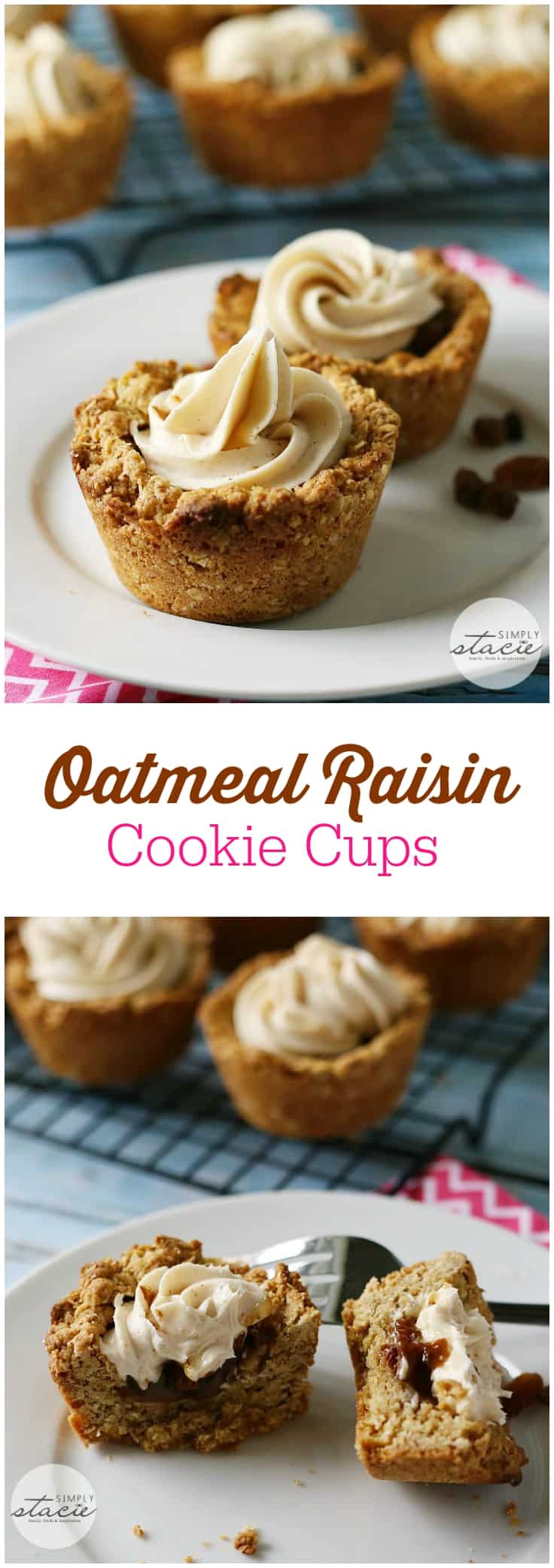 Oatmeal Raisin Cookie Cups - These bite-sized cookie cups are perfect for parties! Topped off with cream cheese frosting, they're an oatmeal raisin dream.