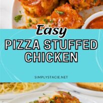 Pizza stuffed chicken pin collage.