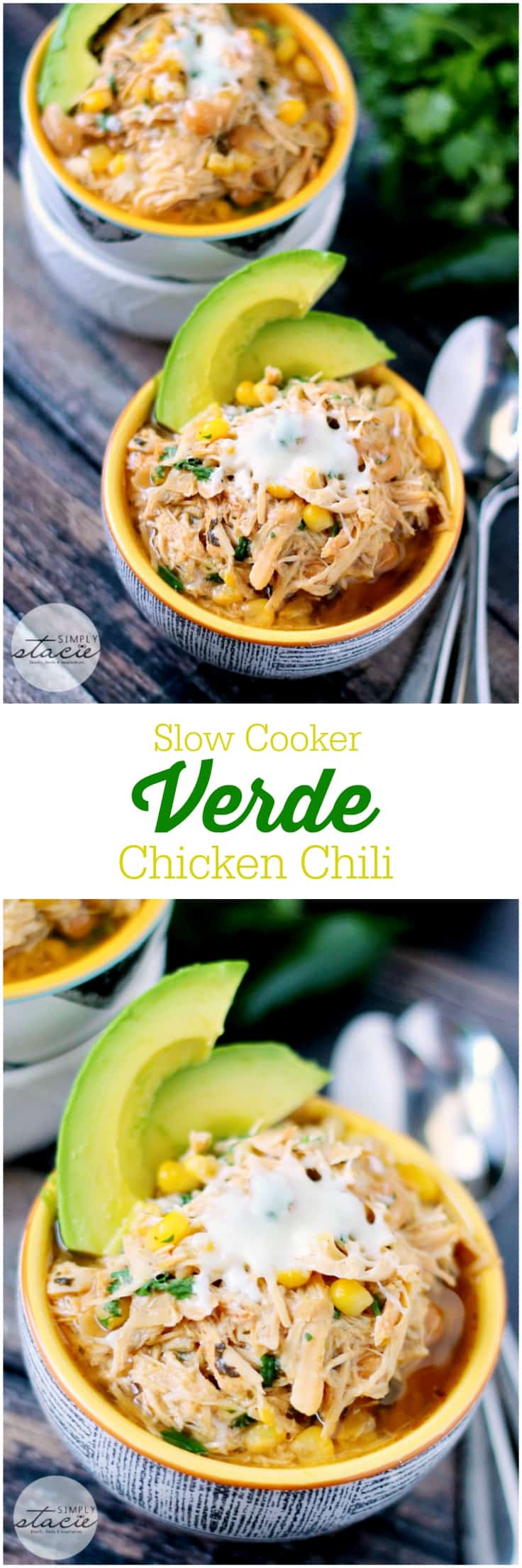 Slow Cooker Verde Chicken Chili Recipe - The best white chili recipe ever! Let the corn, cannellini beans, jalapeño, and yummy chicken simmer all day in the Crockpot for a perfect busy weeknight meal.