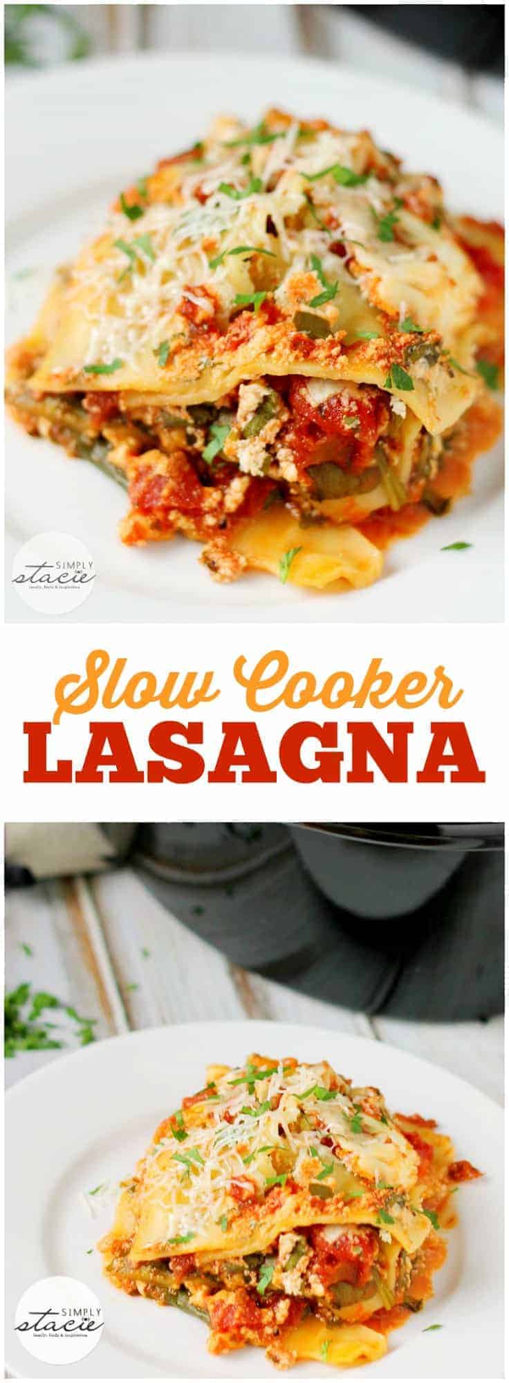 Slow Cooker Lasagna - The easiest way to make lasagna! Try this meatless lasagna recipe in the Crockpot with spinach, ricotta cheese, tomatoes, and mozzarella for the cheesiest pasta.