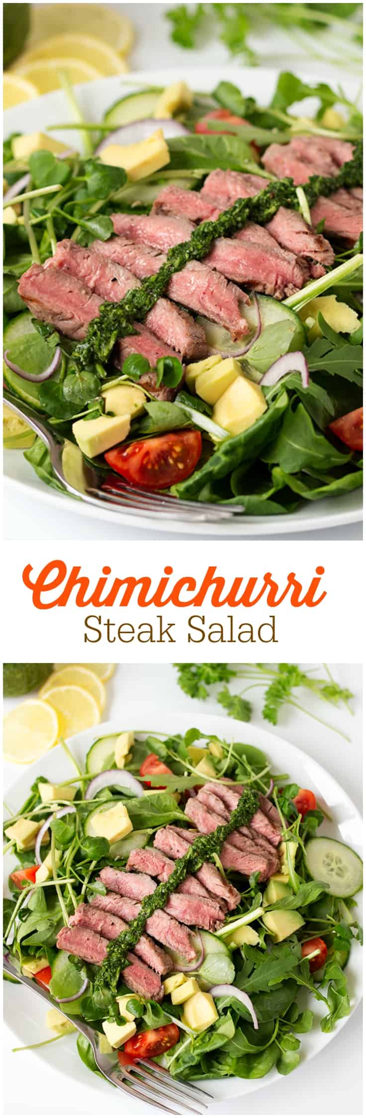 Chimichurri Steak Salad Recipe - A lighter version of your favorite steak dinner! This chumichurri recipe is so easy and goes great as a sauce or a dressing.