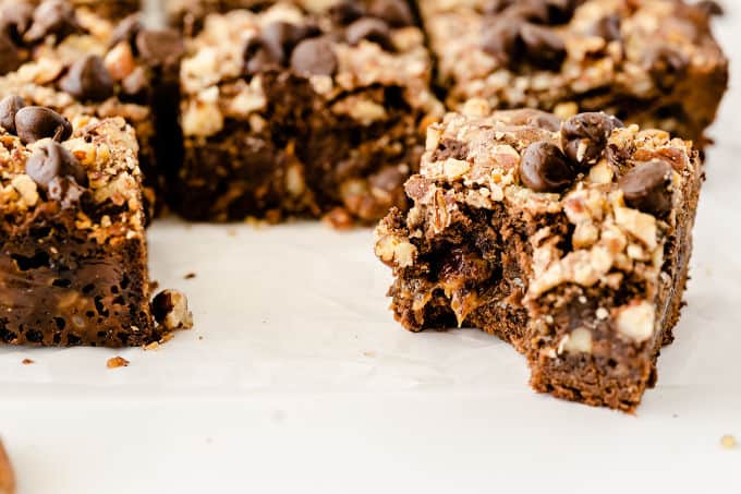 Caramel Bacon Brownies - Salty and sweet are the BEST combination! These decadent brownies are only improved by the salty bacon bits.