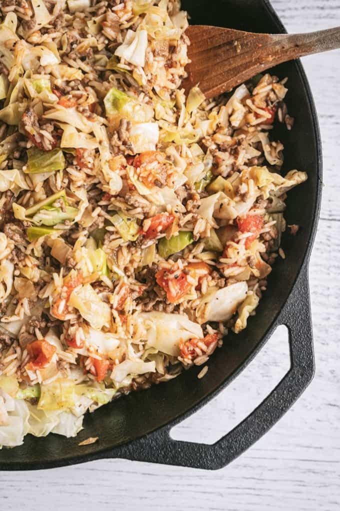 Cabbage Roll Rice - The perfect one-pot dinner! This delicious rice dish is filled with cabbage, ground beef, and a host of seasonings.