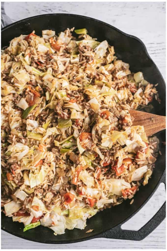 Cabbage Roll Rice - The perfect one-pot dinner! This delicious rice dish is filled with cabbage, ground beef, and a host of seasonings.