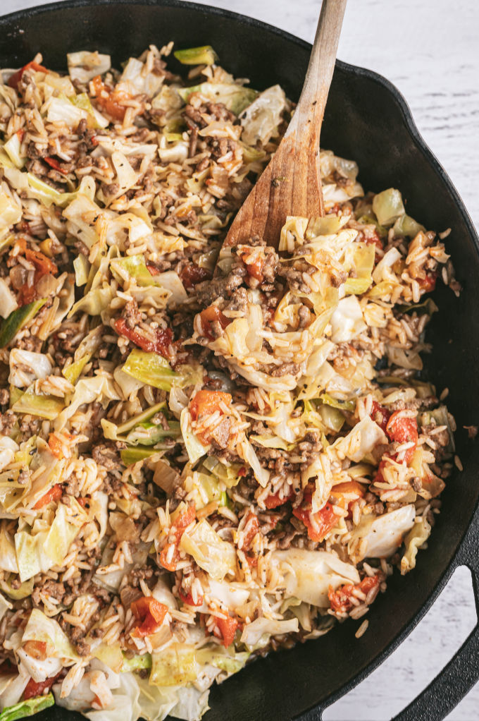 Cabbage Roll Rice - The perfect one-pot dinner! This delicious rice dish is filled with cabbage, ground beef, and a host of seasonings.