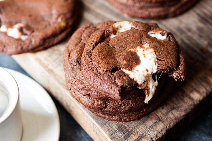 Chewy Chocolate Nougat Cookies - These chocolatey cookies SCREAM candy bar! These fluffy nougat delights are like biting into a cloud.