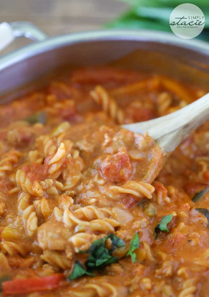 Spicy Sausage & Pepper One-Pot Pasta - This simple one-pot pasta is packed with flavor! Get ready for spicy with Italian sausage, hot peppers, tons of cheese and a host of seasonings.