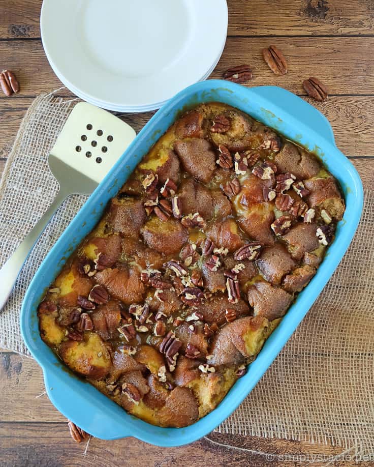 Caramel Pecan Breakfast Casserole - This is the ultimate breakfast casserole - the base is donuts! Combined with a sweet caramel and pecan topping, this easy recipe is a special occasion indulgence! 