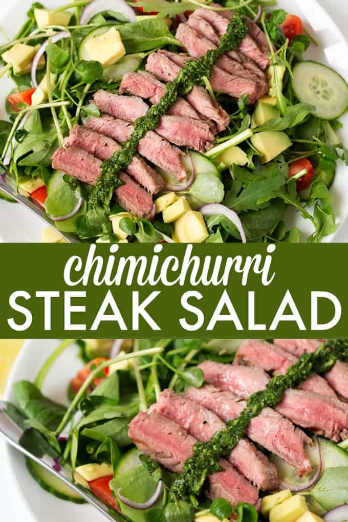 Chimichurri Steak Salad Recipe - A lighter version of your favorite steak dinner! This chumichurri recipe is so easy and goes great as a sauce or a dressing.