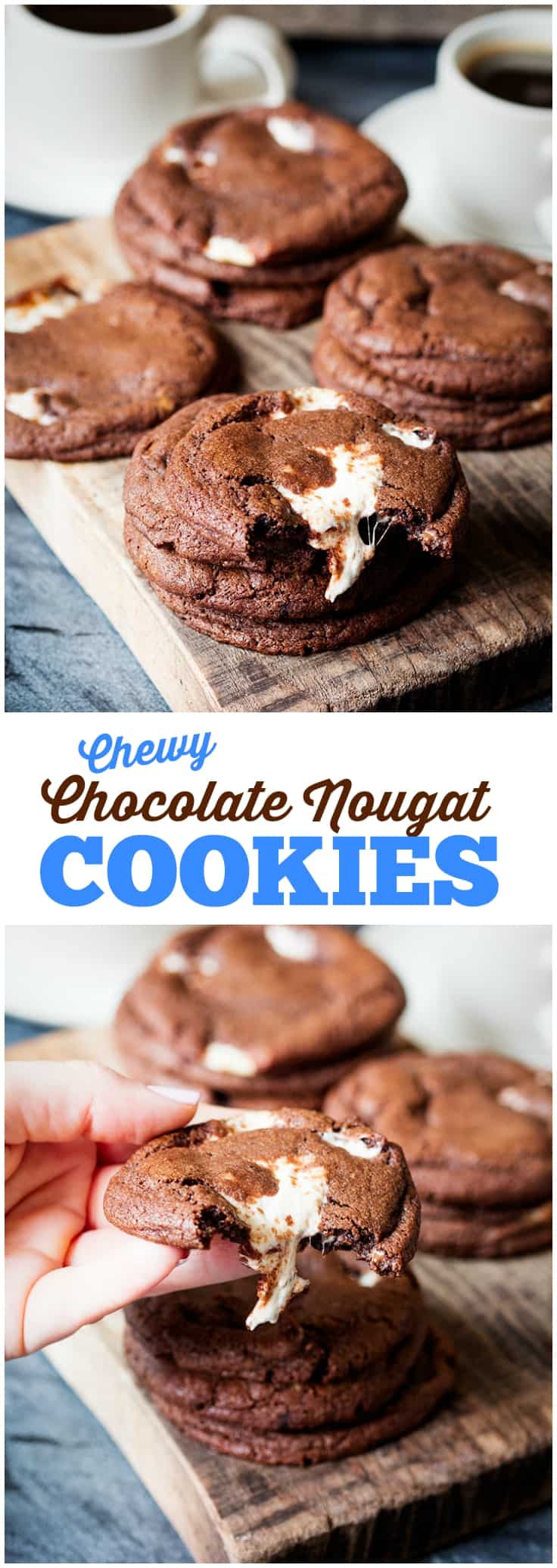 Chewy Chocolate Nougat Cookies - These chocolatey cookies SCREAM candy bar! These fluffy nougat delights are like biting into a cloud.