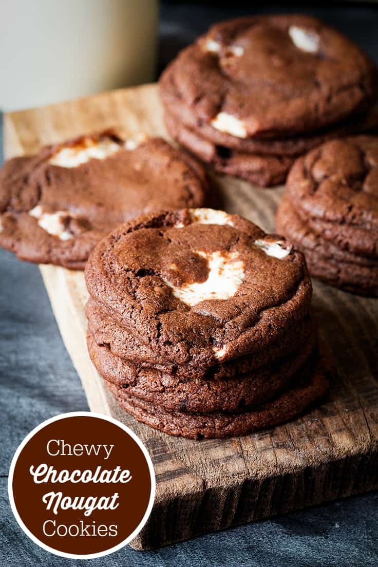 Chewy Chocolate Nougat Cookies - These chocolatey cookies SCREAM candy bar! These fluffy nougat delights are like biting into a cloud.