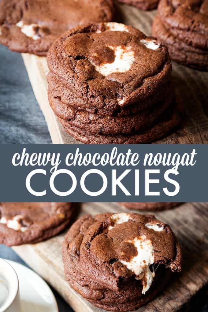 Chewy Chocolate Nougat Cookies - These chocolatey cookies SCREAM candy bar! These fluffy nougat delights are like biting into a cloud.