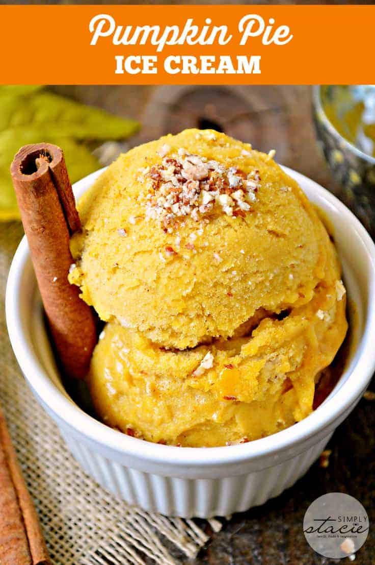 Pumpkin Pie Ice Cream - No ice cream maker needed! Only four ingredients in this deliciously smooth and spiced frozen fall treat filled with pumpkin pie flavor.