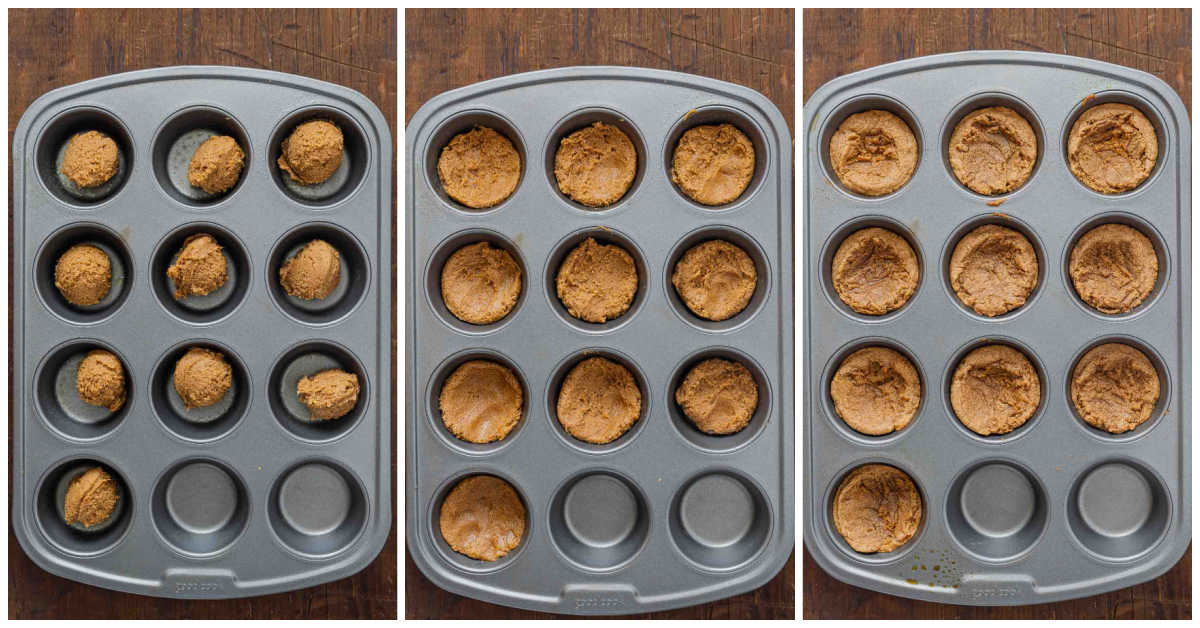 Collage of making the cake cups in a muffin pan.