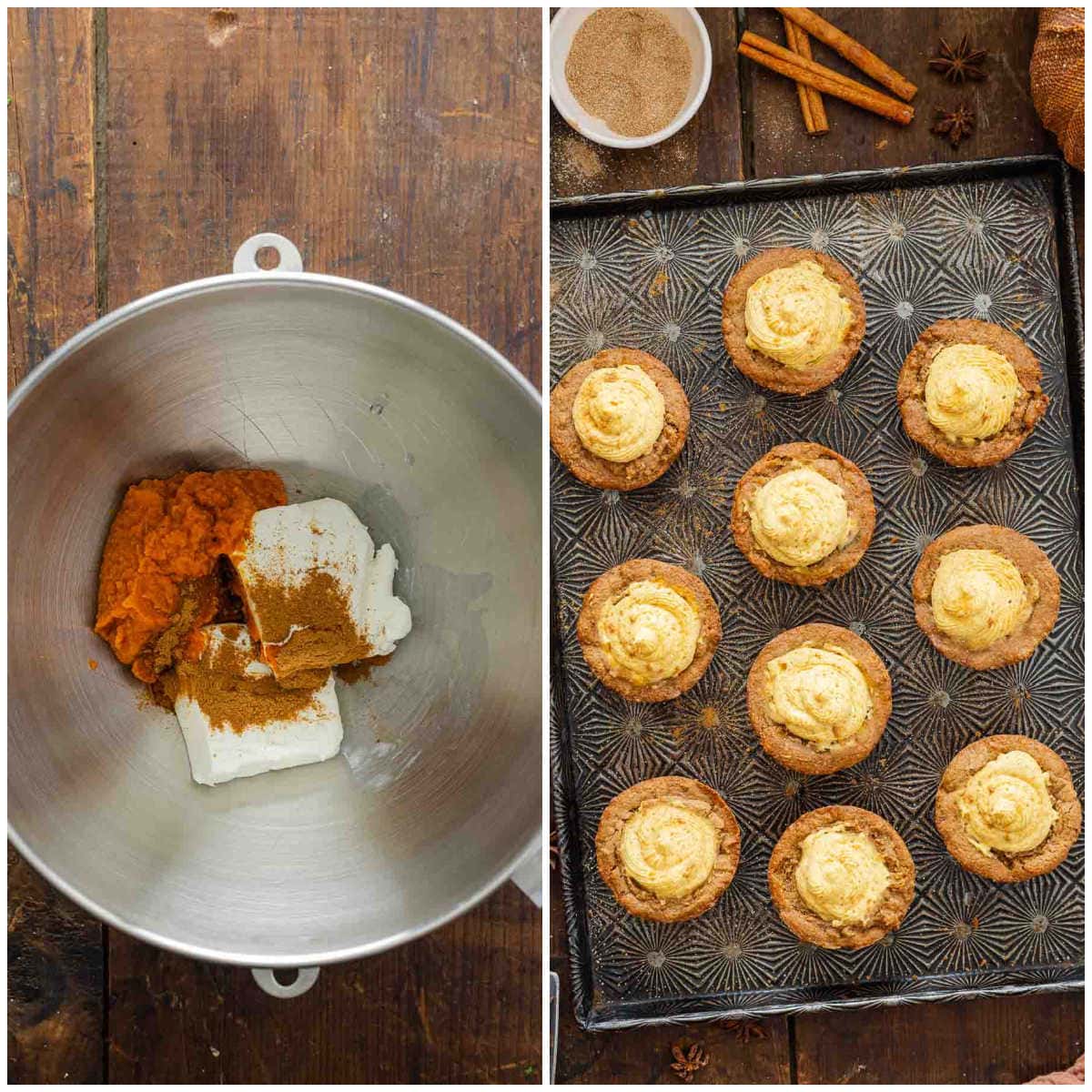 Collage of preparing the pumpkin cheesecake filling and adding to the cake cups.