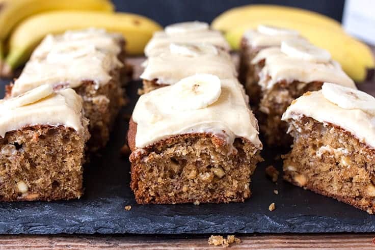 Banana Cake with Toffee Frosting - A deliciously moist banana cake with a rich toffee frosting. It's also easy to make and the perfect way to use up those brown bananas!