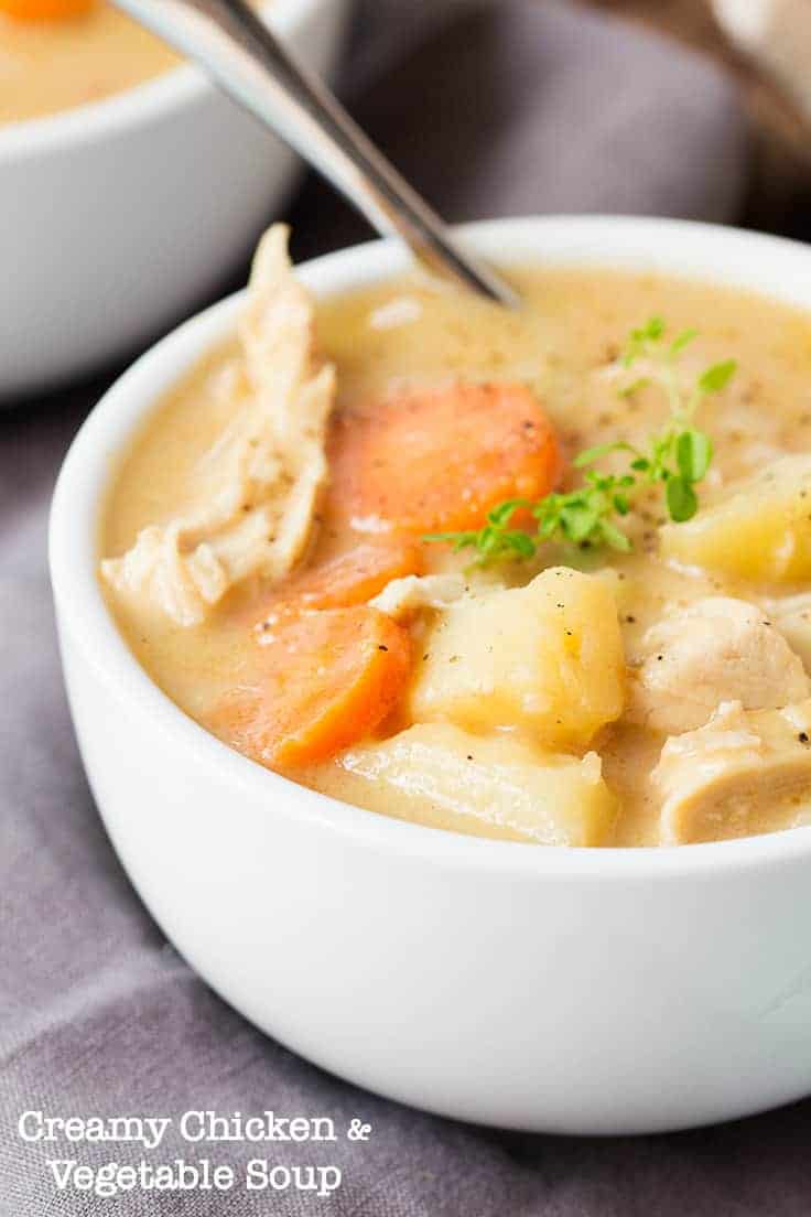 Creamy Chicken and Vegetable Soup - Use your leftover chicken bones to make the creamiest soup tonight! You only need 6 simple ingredients to make this yummy and comforting chicken soup.
