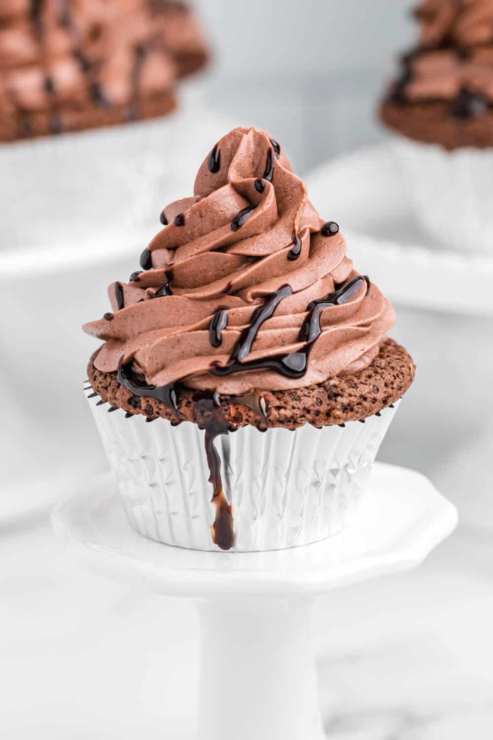 Death by chocolate cupcake on a cupcake stand