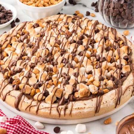 Rocky road pizza on a plate.