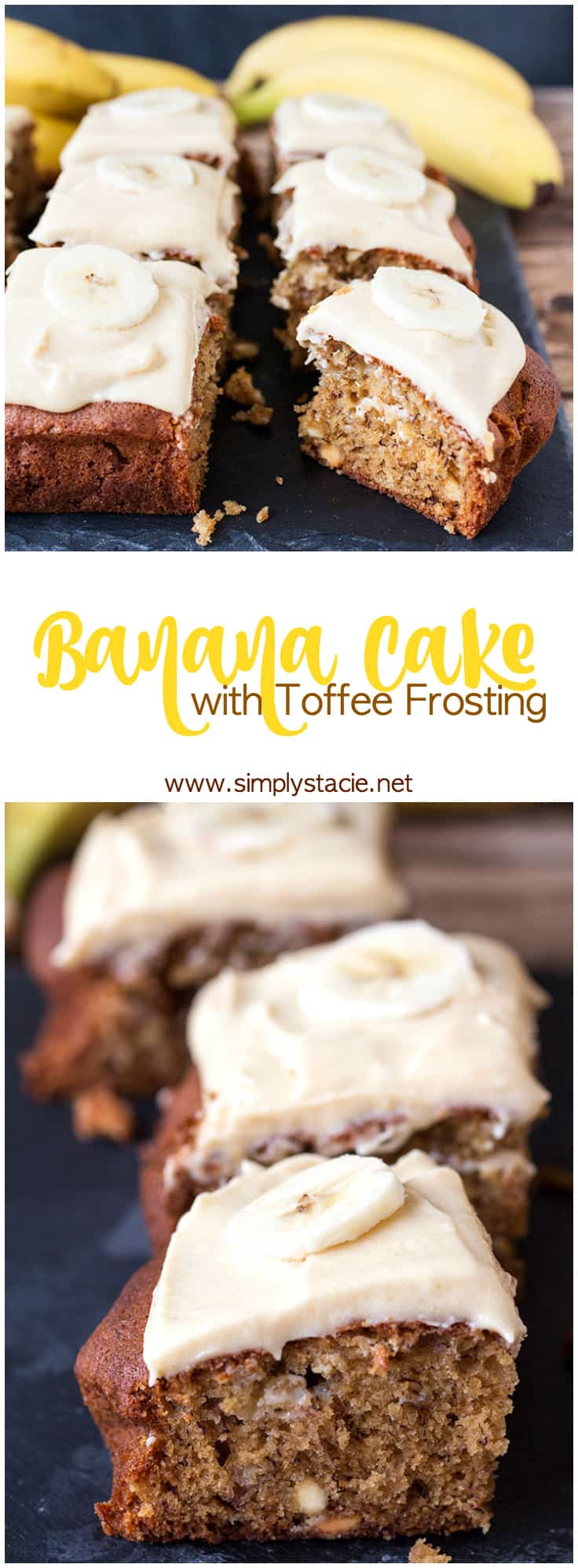 Banana Cake with Toffee Frosting - A deliciously moist banana cake with a rich toffee frosting. It's also easy to make and the perfect way to use up those brown bananas!