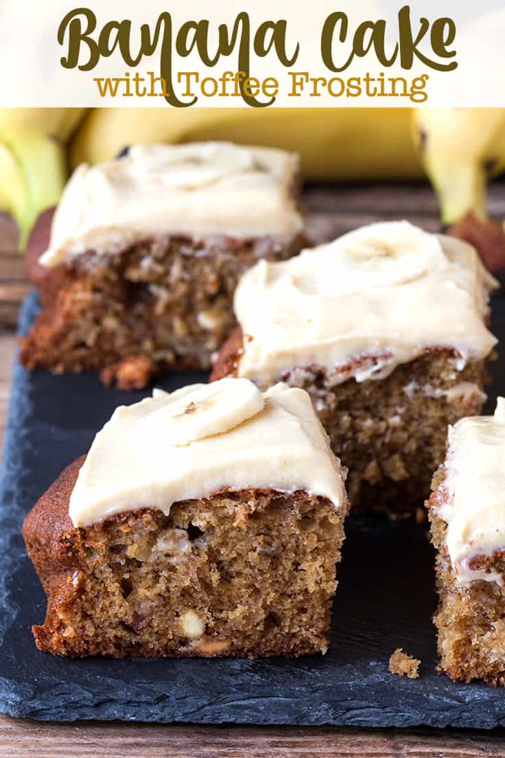 Banana Cake with Toffee Frosting - A deliciously moist banana cake with a rich toffee frosting. It's also easy to make and the perfect way to use up those brown bananas!