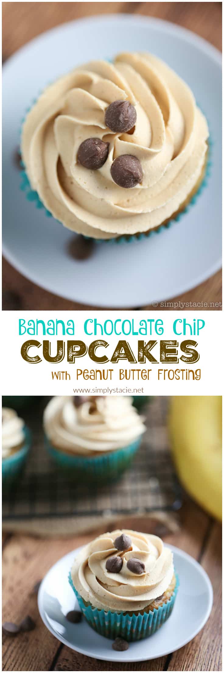 Banana Chocolate Chip Cupcakes with Peanut Butter Frosting - Bananas, peanut butter, and chocolate – oh my! These cupcakes bring the king combination for this moist dessert.