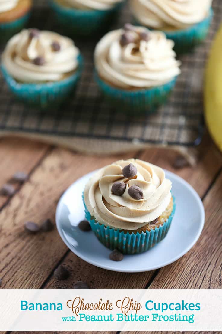 Banana Chocolate Chip Cupcakes with Peanut Butter Frosting - Bananas, peanut butter, and chocolate – oh my! These cupcakes bring the king combination for this moist dessert.