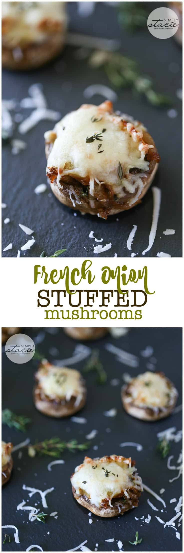 French Onion Stuffed Mushrooms - This perfect party appetizer is stuffed with sweet onions sautéed in beef broth and fresh herbs. Topped with melted mozzarella cheese, you'll never look at stuffed mushrooms the same again!