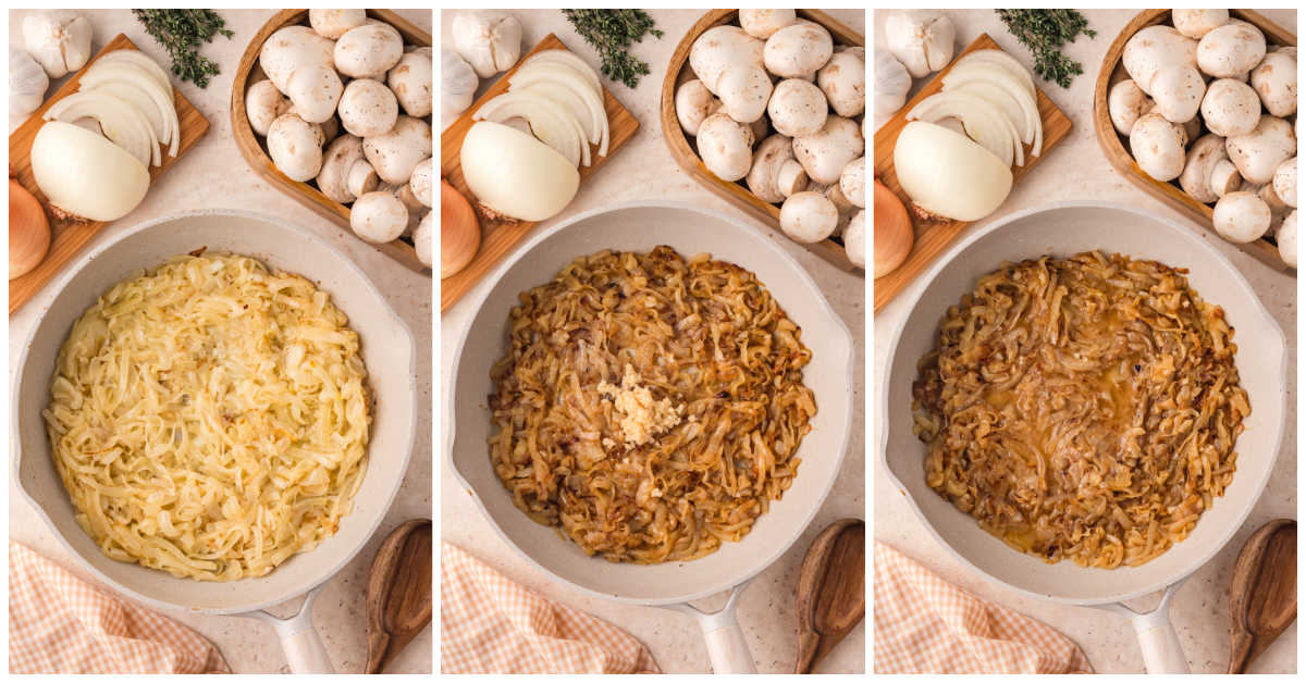 Collage of caramelizing onions in a pan.
