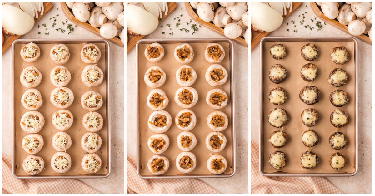 Collage of stuffing and baking the mushrooms.