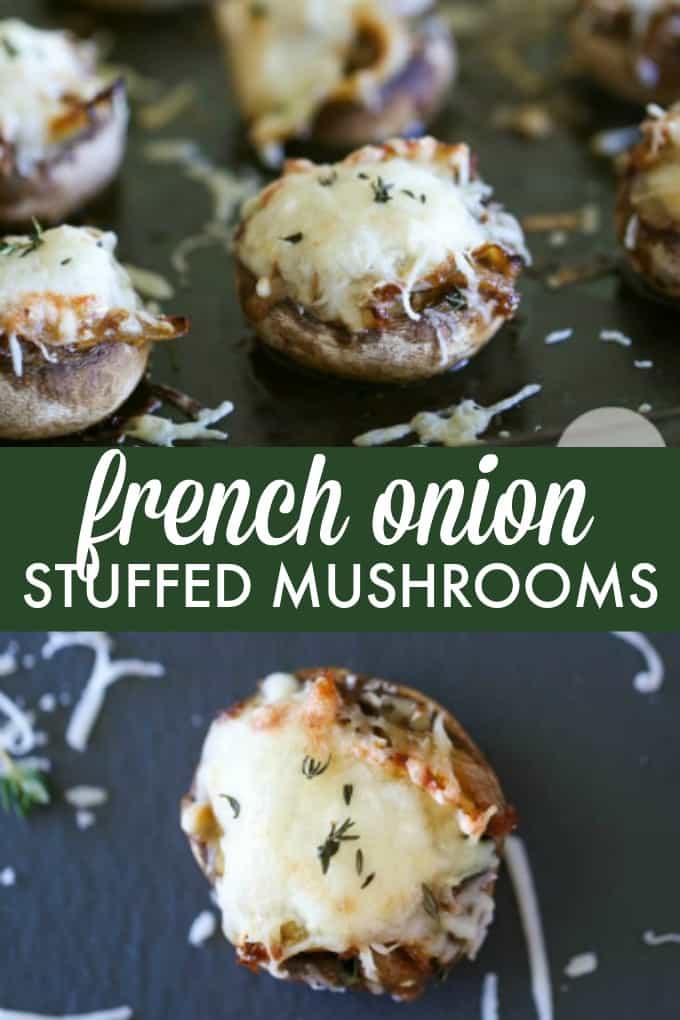 French Onion Stuffed Mushrooms - This perfect party appetizer is stuffed with sweet onions sautéed in beef broth and fresh herbs. Topped with melted mozzarella cheese, you'll never look at stuffed mushrooms the same again!
