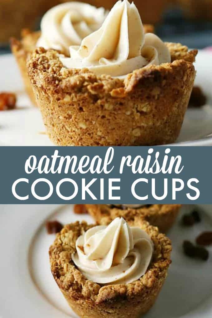 Oatmeal Raisin Cookie Cups - These bite-sized cookie cups are perfect for parties! Topped off with cream cheese frosting, they're an oatmeal raisin dream.