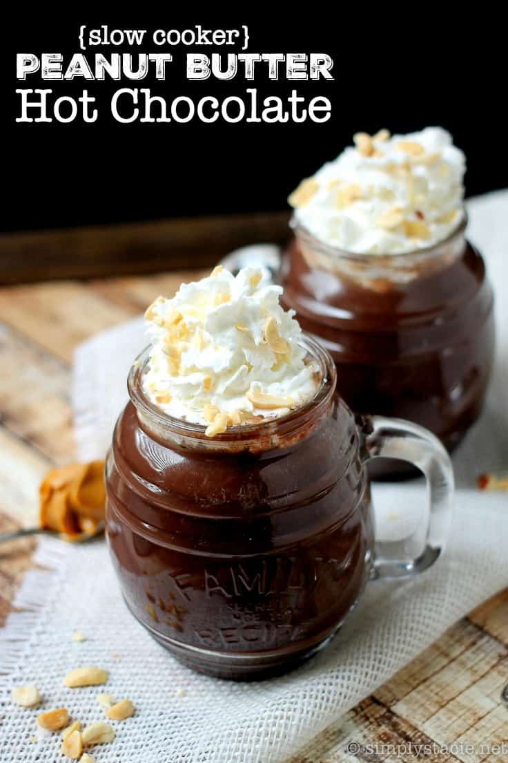 Slow Cooker Peanut Butter Hot Chocolate - The delicious flavours of a peanut butter cup in hot chocolate! Super easy to make in the slow cooker - a great make-ahead recipe when serving a crowd!