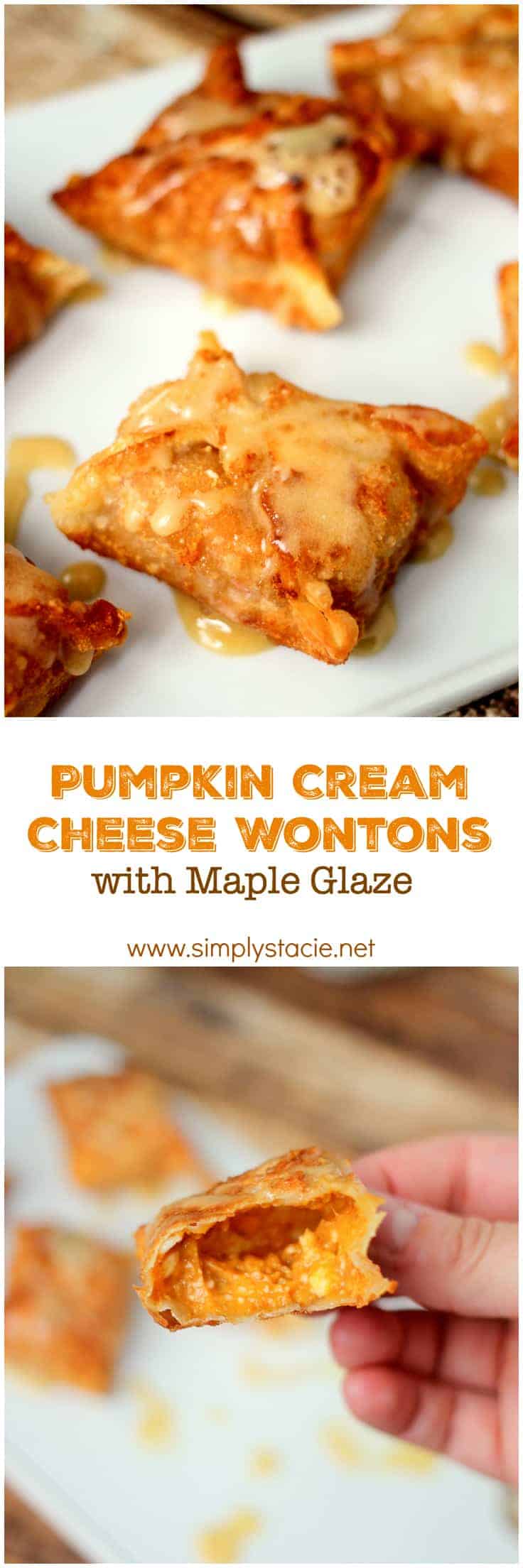 Pumpkin Cream Cheese Wontons with Maple Glaze - Amazing Asian-inspired dessert! Wontons packed with fall flavor and glazed in maple goodness are perfect for your next party.