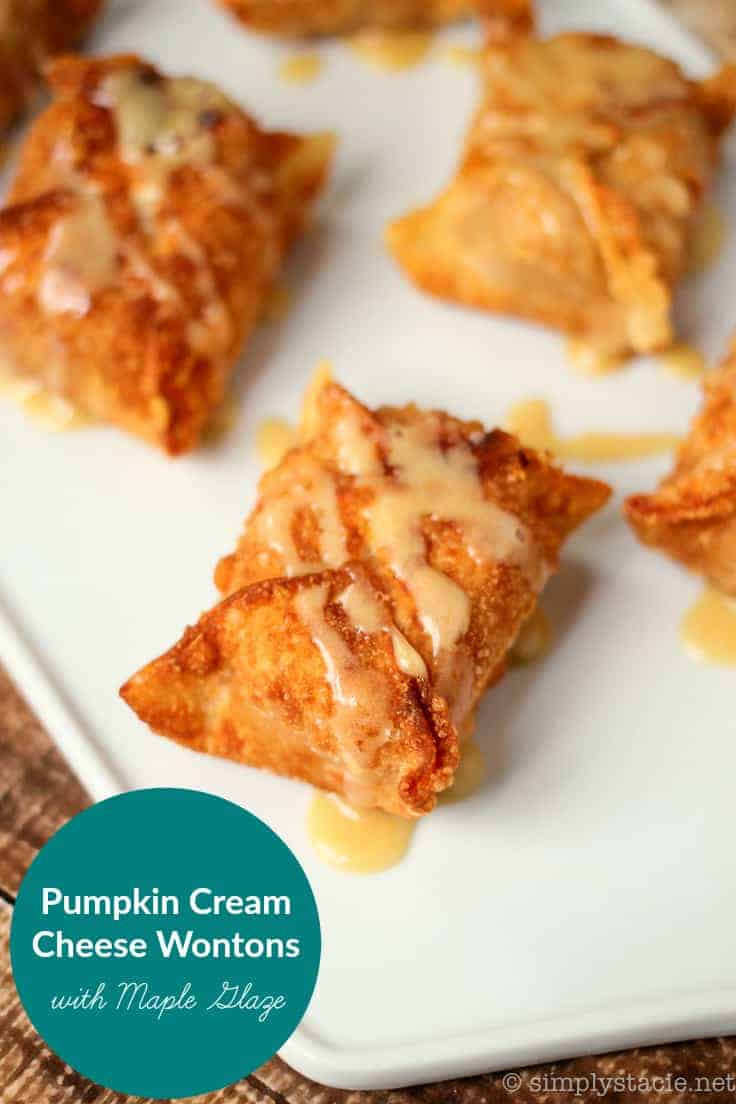 Pumpkin Cream Cheese Wontons with Maple Glaze - Amazing Asian-inspired dessert! Wontons packed with fall flavor and glazed in maple goodness are perfect for your next party.