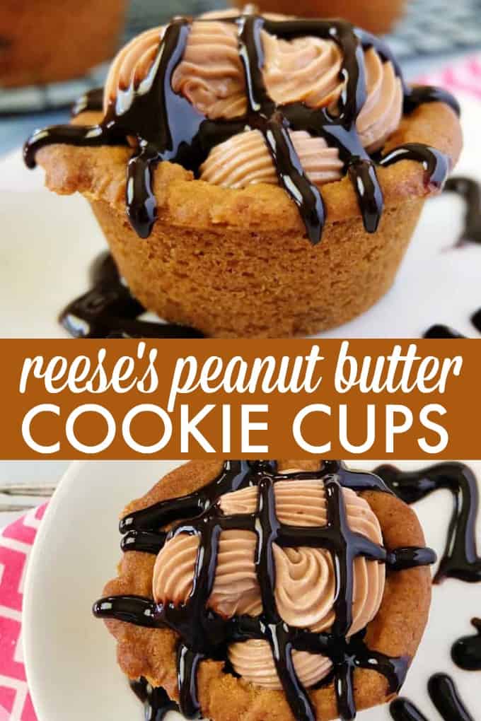 Reese's Peanut Butter Cookie Cups - Peanut butter cups in cookie cups for this peanut butter lover's dessert! Topped with cream cheese frosting!