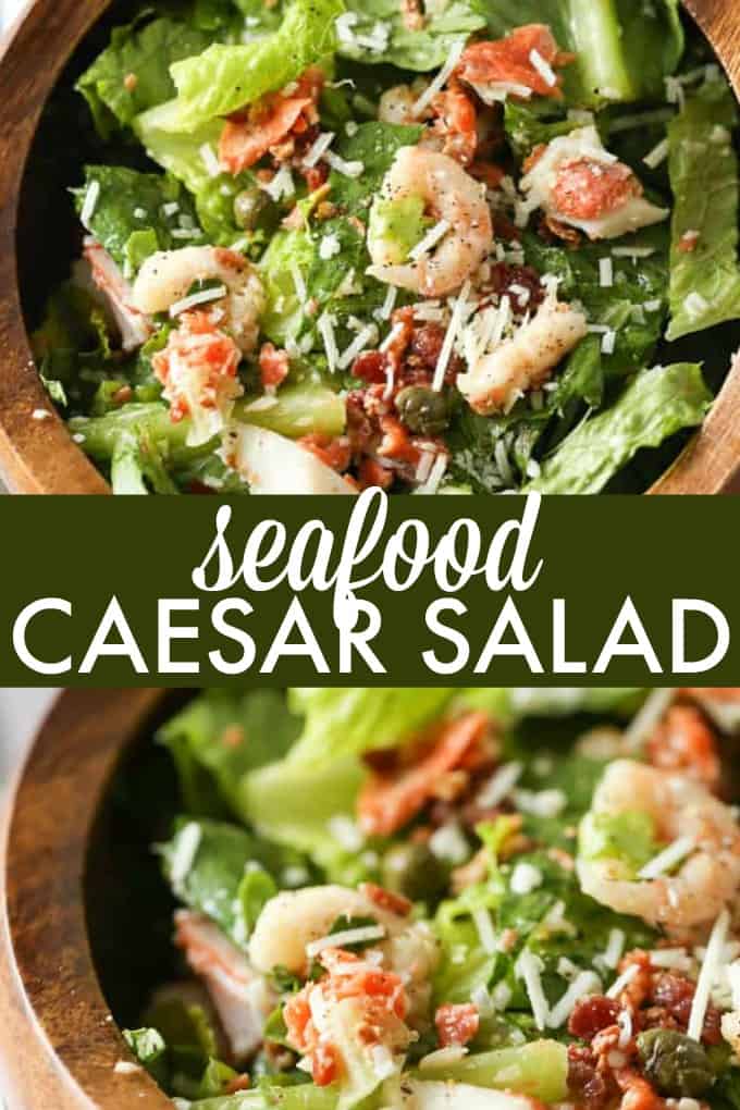 Seafood Caesar Salad Recipe - Elevate your regular dinner salad tonight! Salmon, shrimp, and crab meat are delectable in homemade Caesar dressing and topped with capers and bacon.