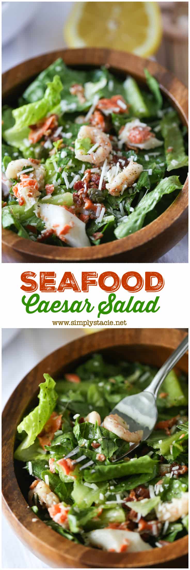 Seafood Caesar Salad Recipe - Elevate your regular dinner salad tonight! Salmon, shrimp, and crab meat are delectable in homemade Caesar dressing and topped with capers and bacon.