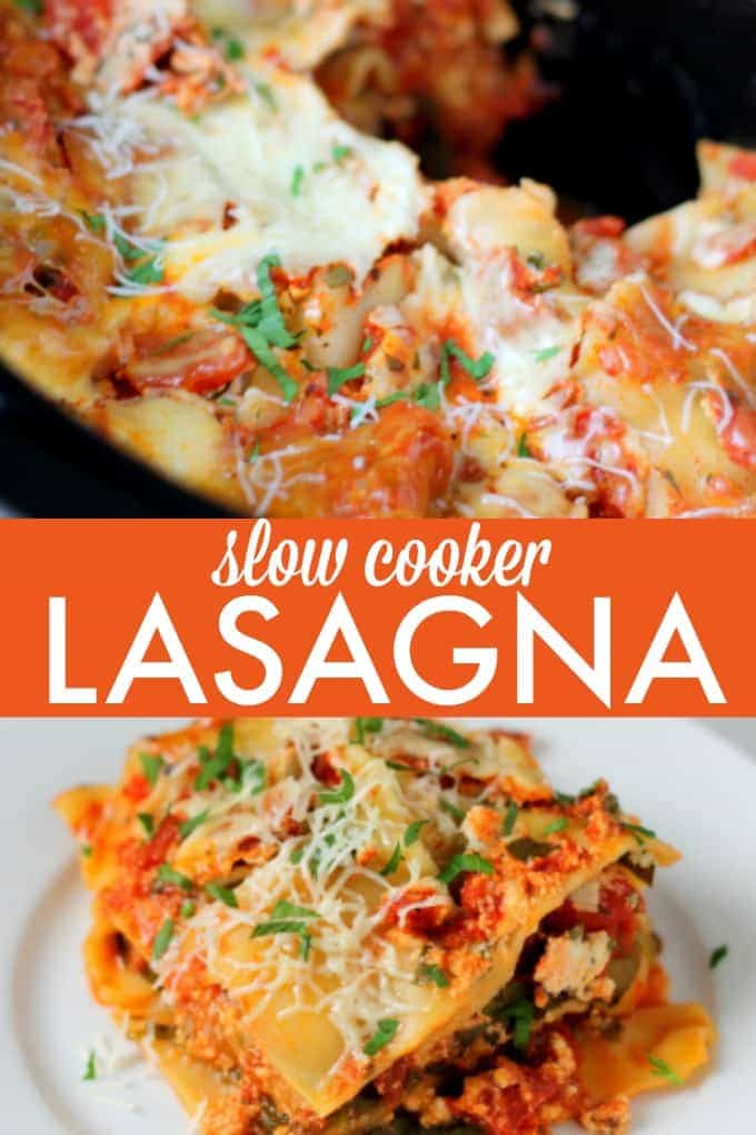 Slow Cooker Lasagna - The easiest way to make lasagna! Try this meatless lasagna recipe in the Crockpot with spinach, ricotta cheese, tomatoes, and mozzarella for the cheesiest pasta.
