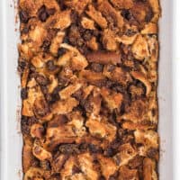 The recipe in a white casserole pan.