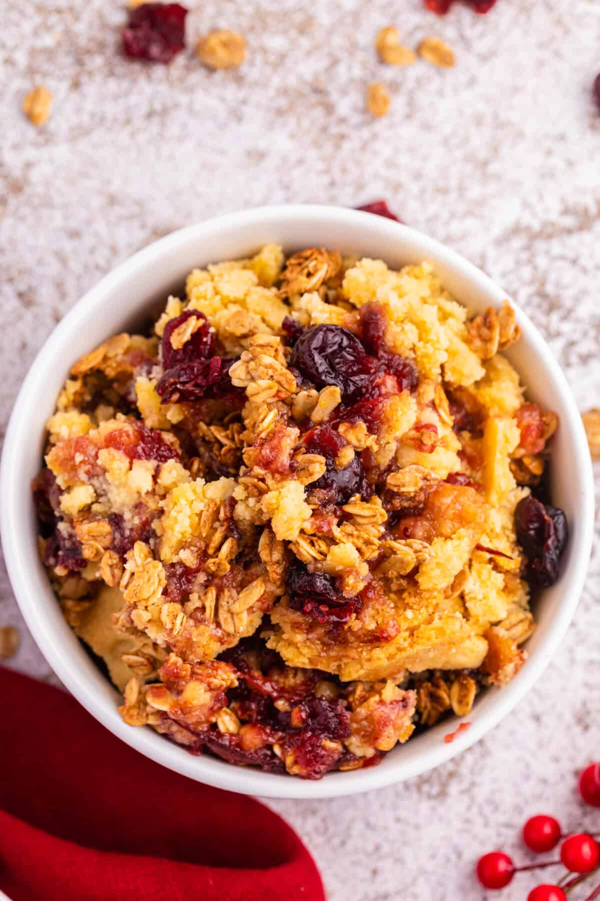 Cranberry Cobbler Dump Cake in a bowl.